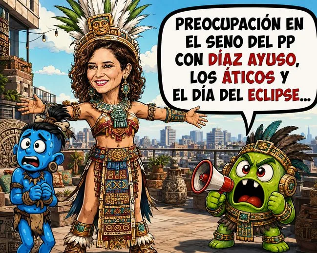 Pánico en Génova 13: El PP teme que Ayuso aproveche el eclipse para sacrificar a Feijóo vestida de maya. 🌘🌋