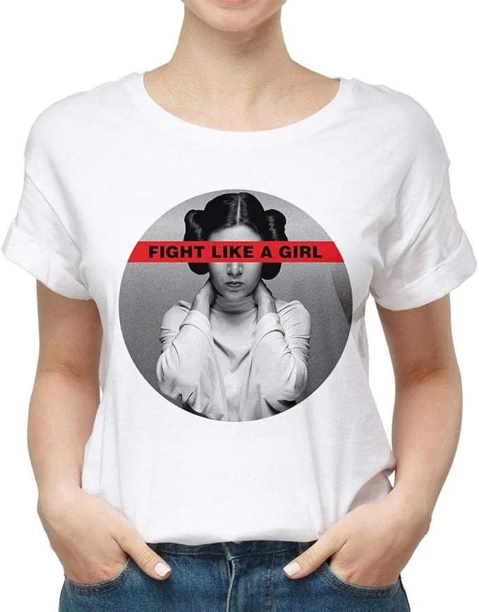 Camiseta Mujer/Hombre Unisex de Algodón 100%, Color Blanco, Estilo Retro Feminista con Diseño de Princesa Fight Like Girl | Regalo Geek Original Friki | Leia Fight Like a Girl, Manga Corta