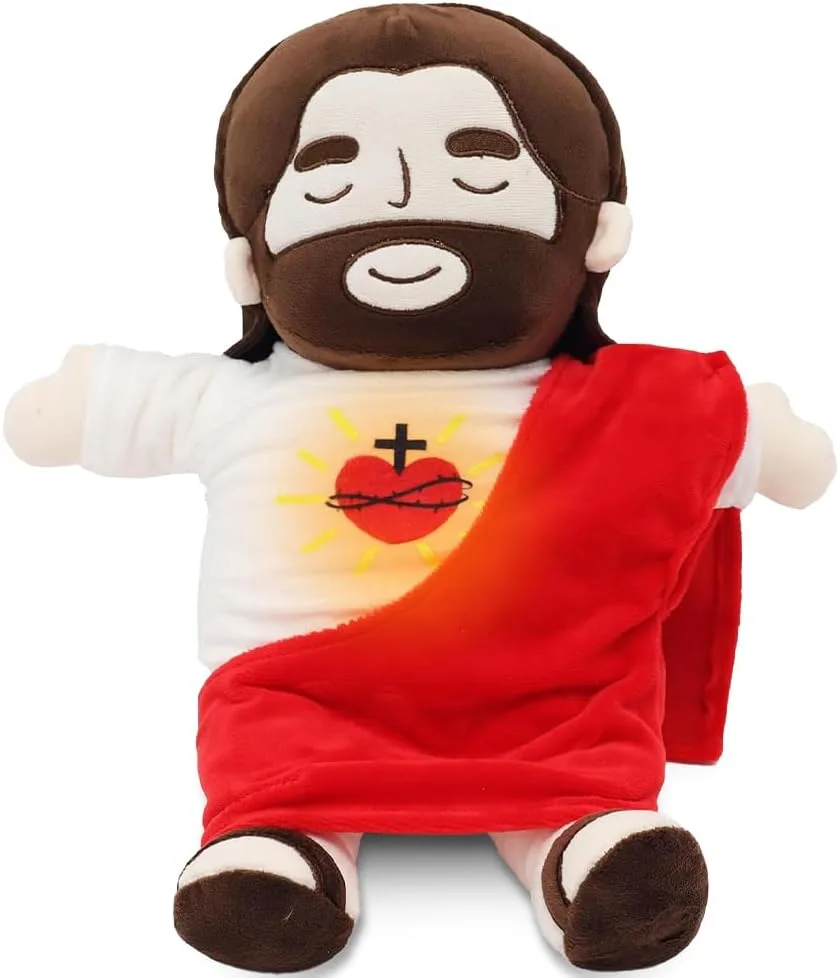 Peluche Jesús que respira, 40 cm con respiración, música y luces, Jesús para aliviar la ansiedad, figura de Cristo Jesús para niños y adultos